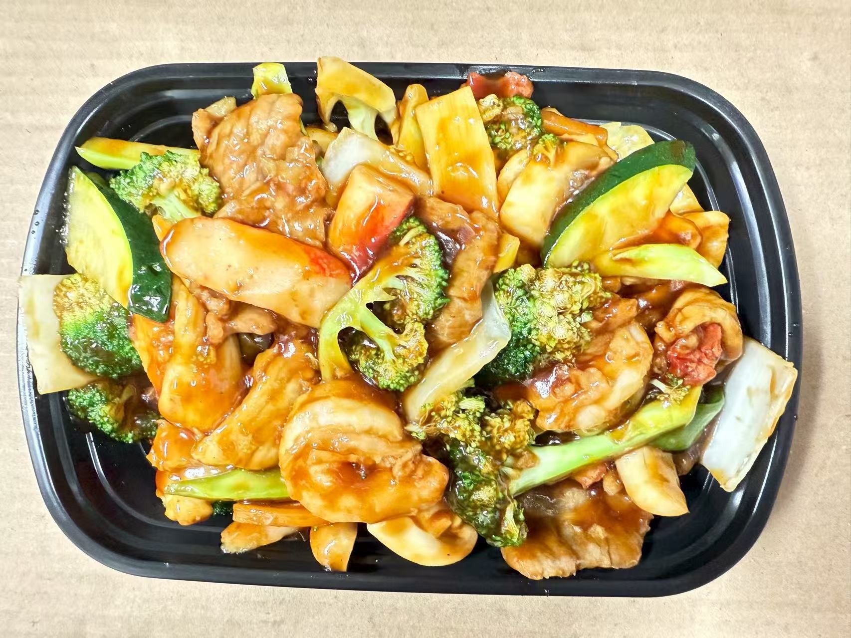 Mixed meats, shrimp, veggies in sauce at China one,a Chinese Restaurant in Whitsett