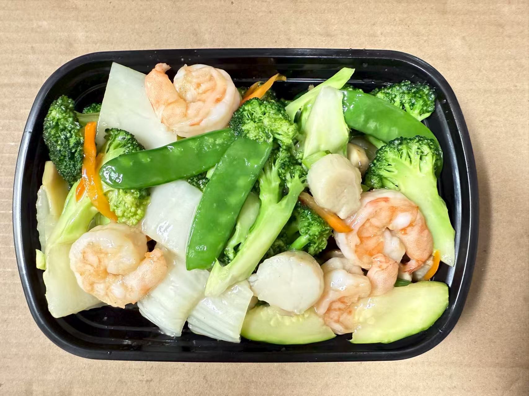Shrimp, scallops and veggies in sauce at China one,a Chinese Restaurant in Whitsett