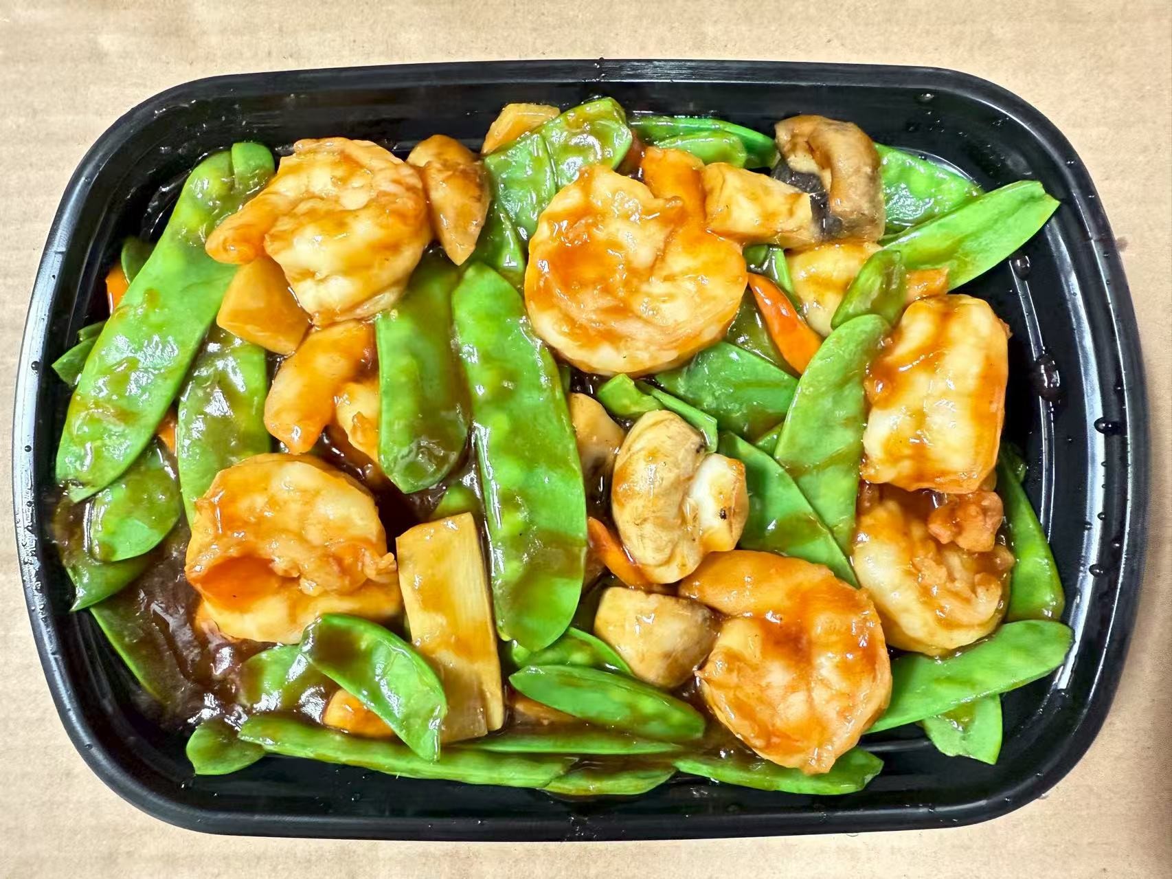Shrimp with snow peas in sauce at China one,a Chinese Restaurant in Whitsett