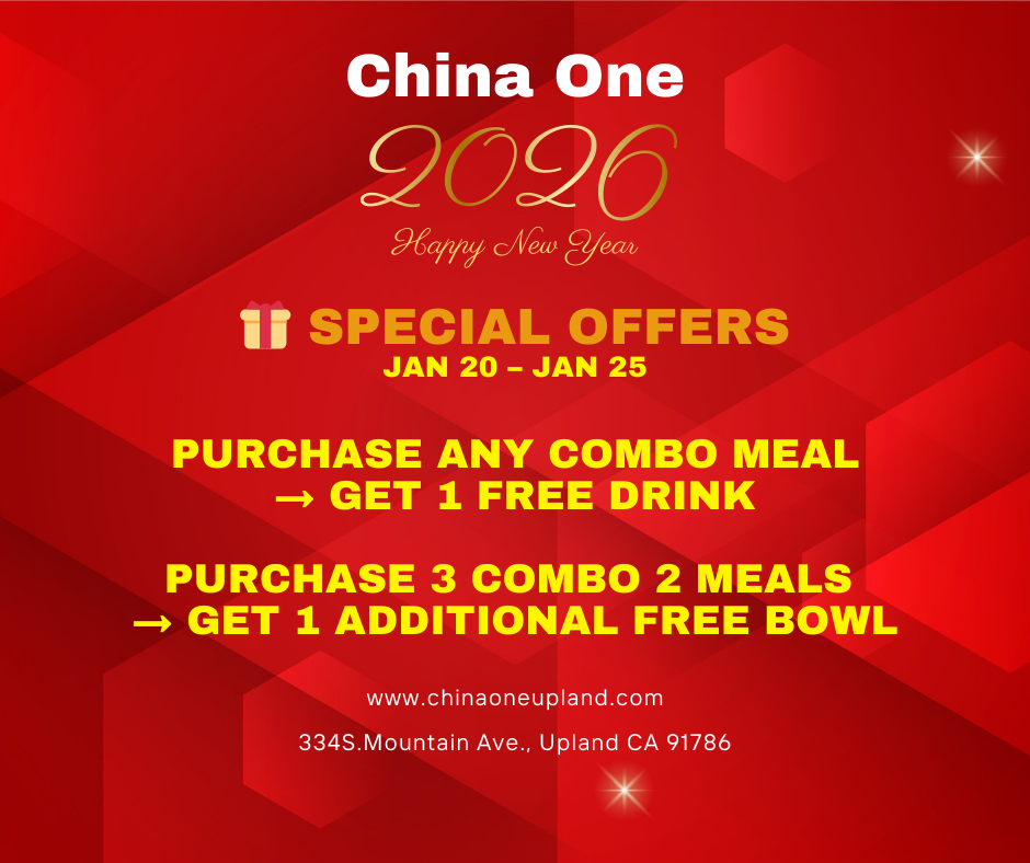 China One: 2026 New Year Special Offers (Jan 20-25) China One 2026 New Year special offers (Jan 20-25): Buy any combo meal = free drink; buy 3 Combo 2 meals = free bowl.