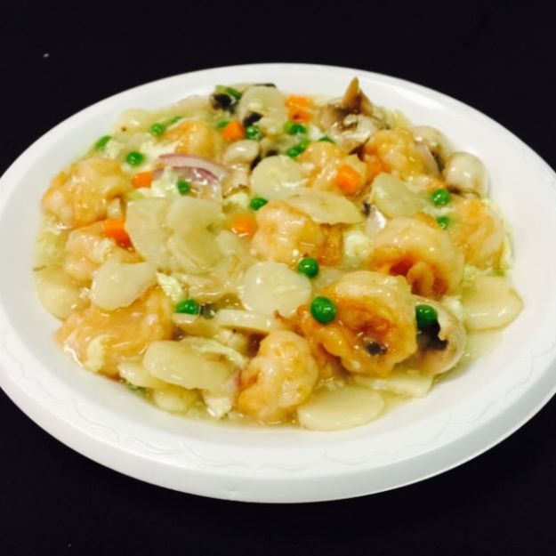 Shrimp with mixed veggies in savory egg sauce at China One, a Chinese Restaurant in Upland