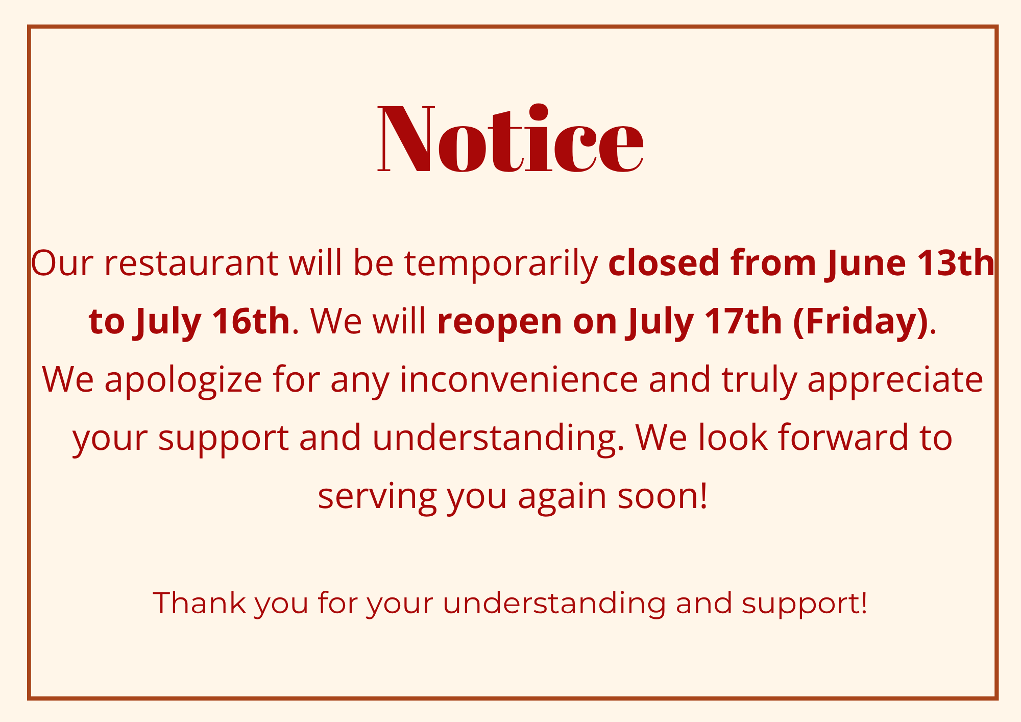 Notice of Special Operating Hours