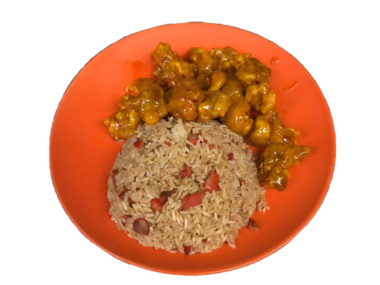 Orange Chicken with Fried Rice at China Taste, Chinese Restaurant in Bus South