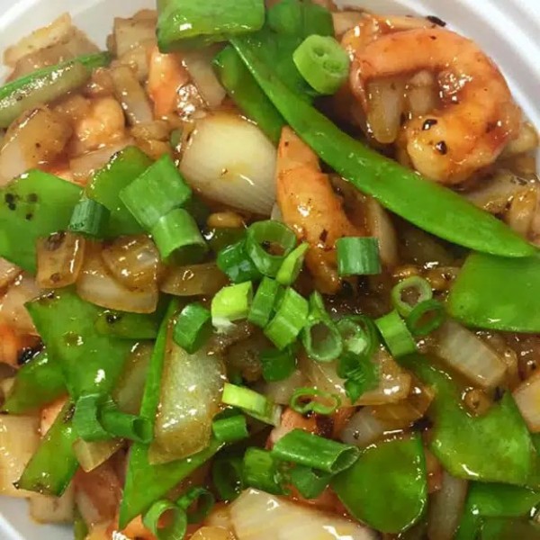 Chinatown-Chinese-Restaurant-Stir-fried-shrimp-and-vegetables-Griffith Stir - fried shrimp and vegetables, with green onions sprinkled, sauce well - flavored at Chinatown Chinese Restaurant, a Chinese Restaurant in Griffith