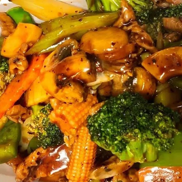Chinatown-Chinese-Restaurant-Stir-fried-mixed-veggies-with-meat-Griffith Stir - fried mixed veggies with meat, coated in sauce, rich colors at Chinatown Chinese Restaurant, a Chinese Restaurant in Griffith