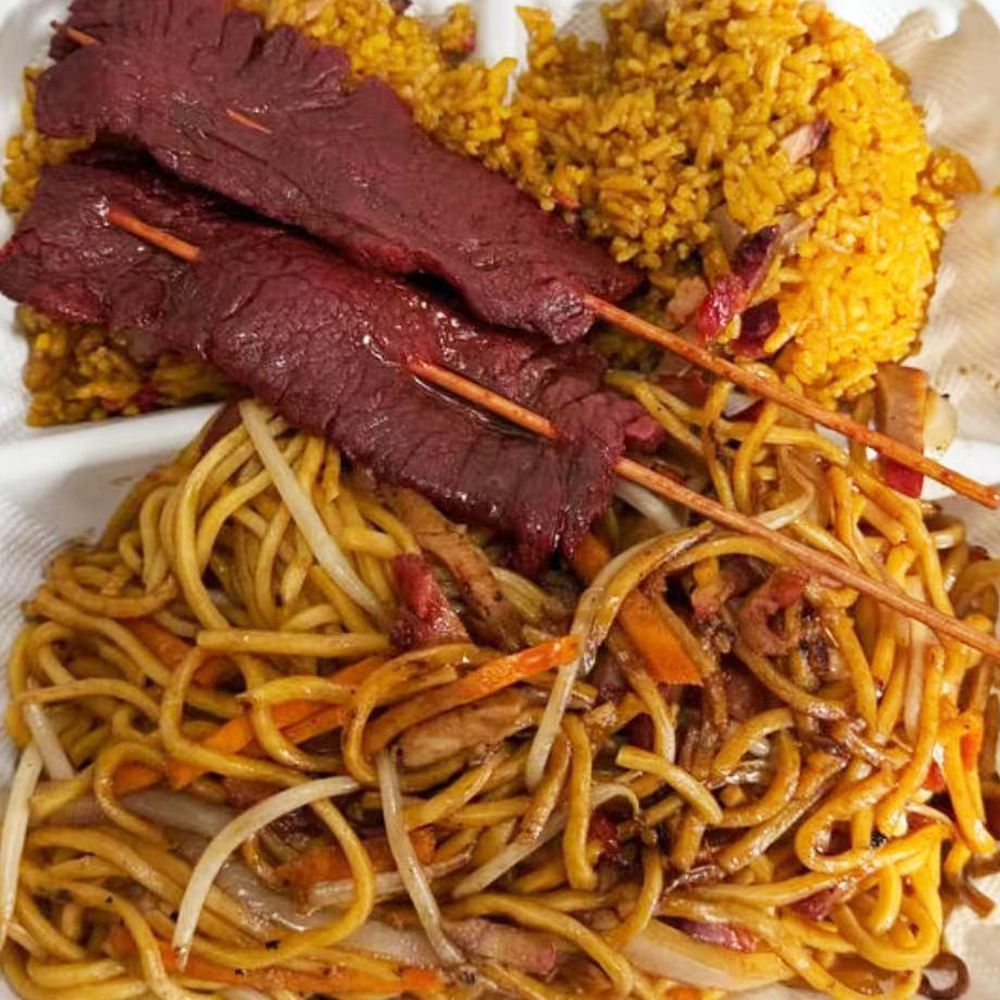 Stir-fried egg noodles with pork, paired with beef teriyaki at China Wok，a Chinese Restaurant in Bangor