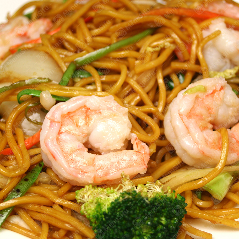 Stir-fried lo mein noodles with plump shrimp & mixed vegetables at China Wok, a Chinese Restaurant in Marion