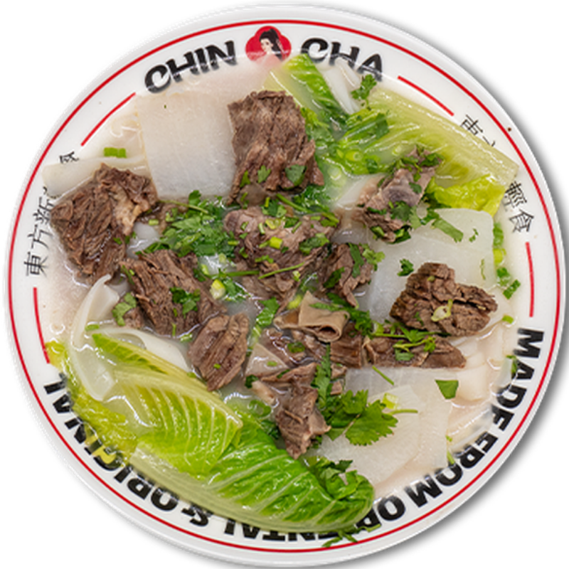 Clear beef rice noodle soup with greens and radish at Chin Cha, a Bubble Tea Store in Wood Village