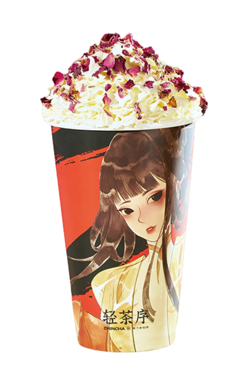 Cream-topped drink sprinkled with rose petals at Chin Cha, a Bubble Tea Store in Wood Village