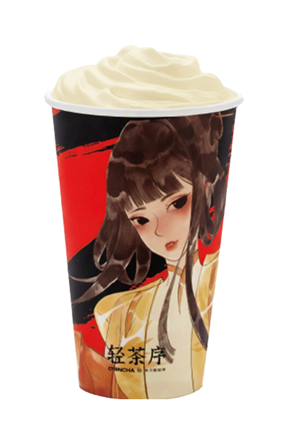 Drink with whipped cream on branded art paper cup at Chin Cha, a Bubble Tea Store in Wood Village