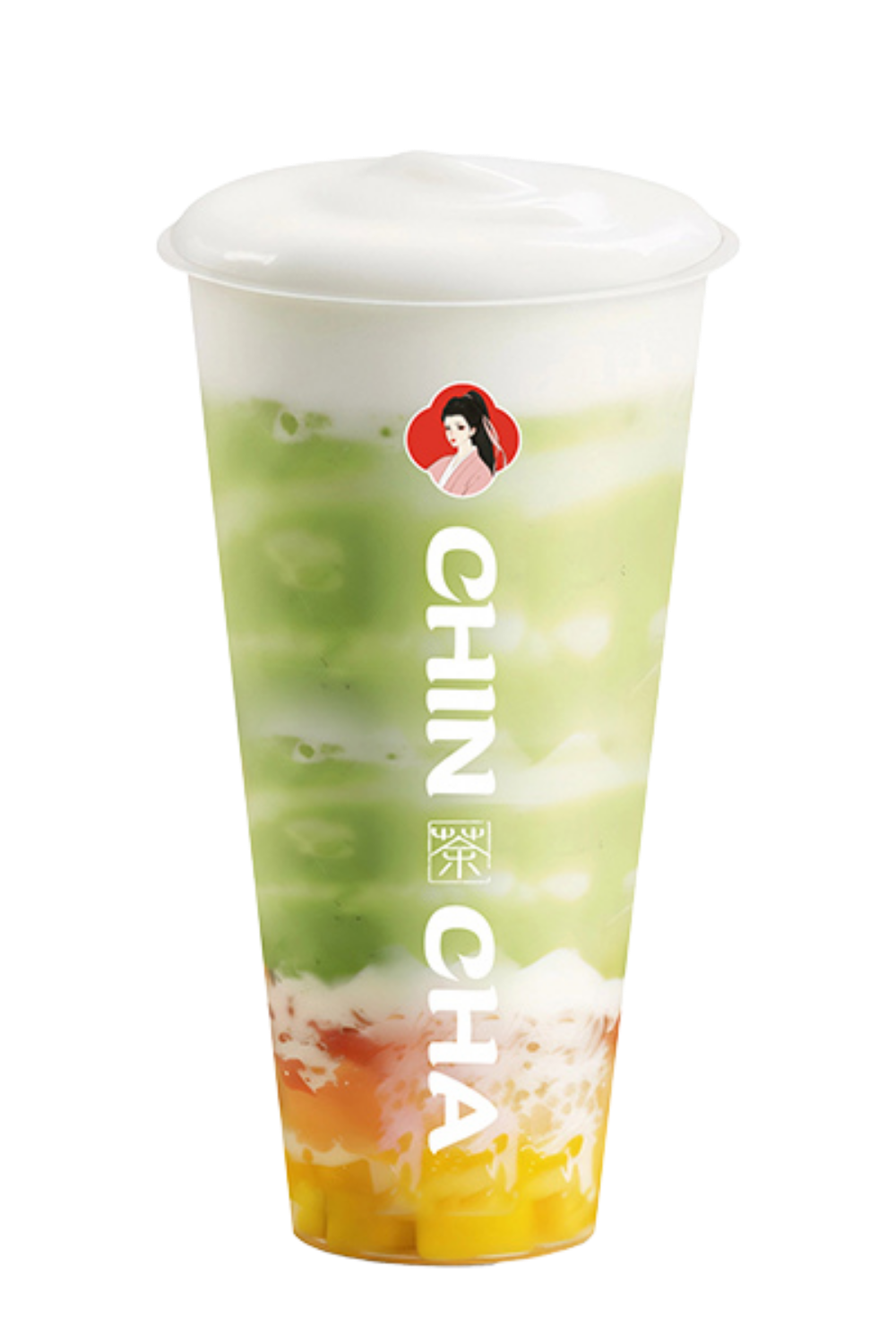 Layered matcha tea with fruit bits and milk foam top at Chin Cha, a Bubble Tea Store in Wood Village