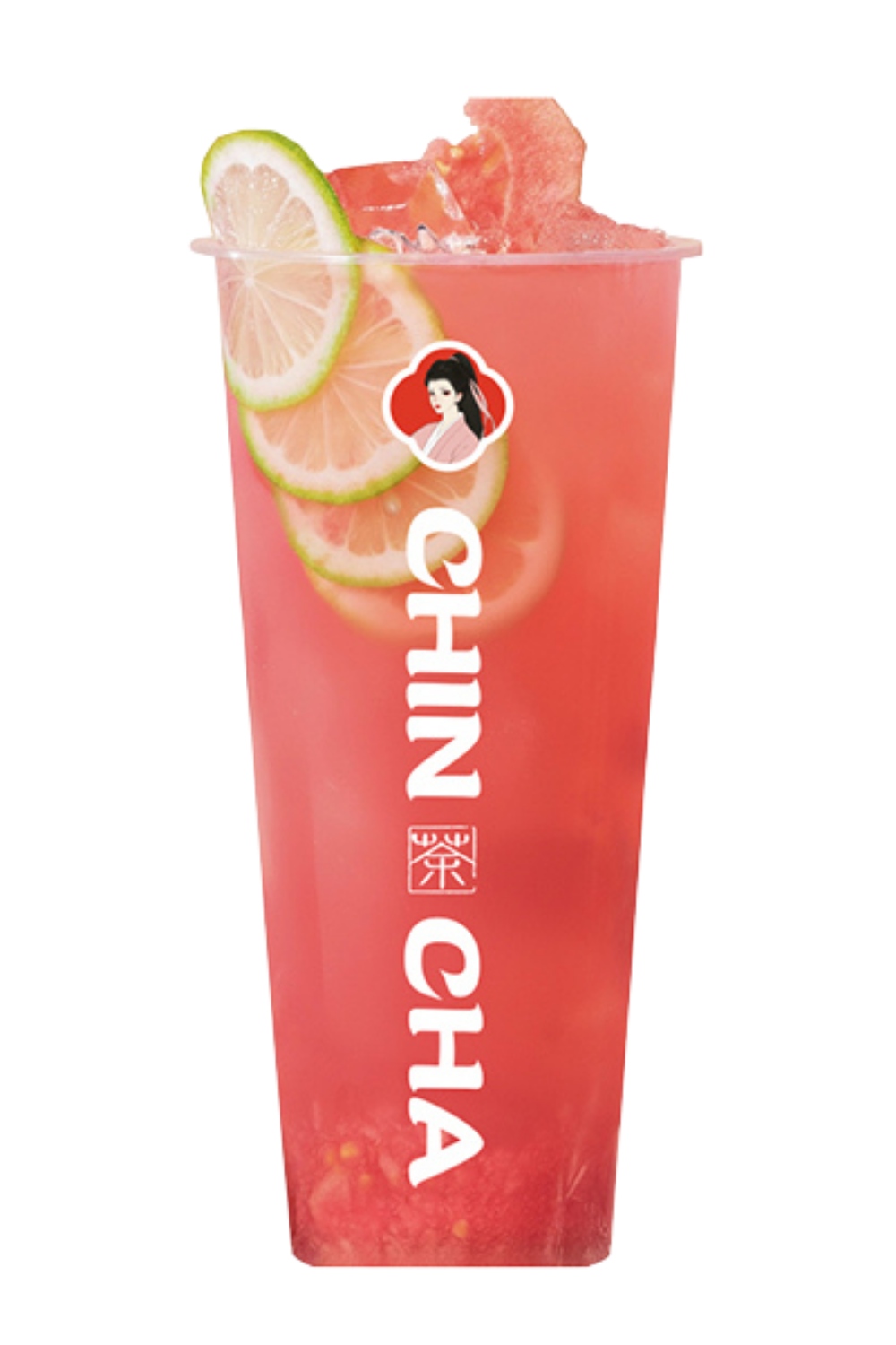Pink watermelon drink with lime slices and ice at Chin Cha, a Bubble Tea Store in Wood Village