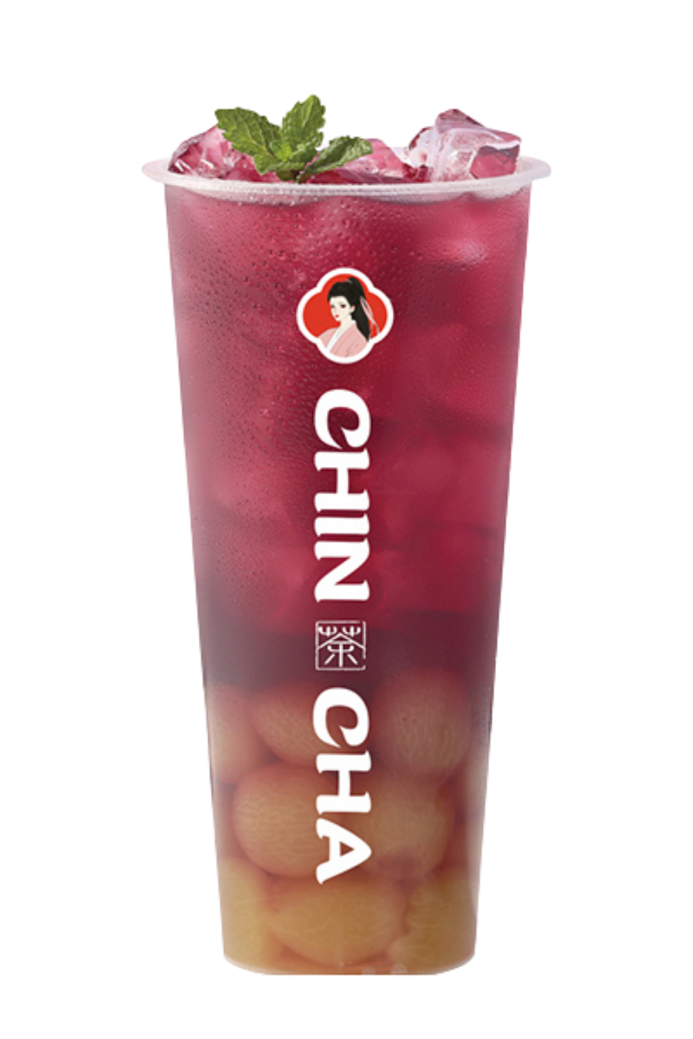 Purple grape tea with grape pulp and mint garnish at Chin Cha, a Bubble Tea Store in Wood Village