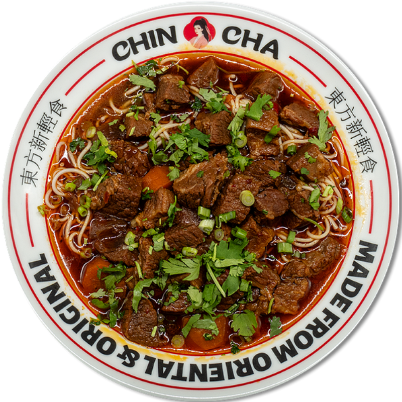 Spicy braised beef noodle with rich red broth at Chin Cha, a Bubble Tea Store in Wood Village