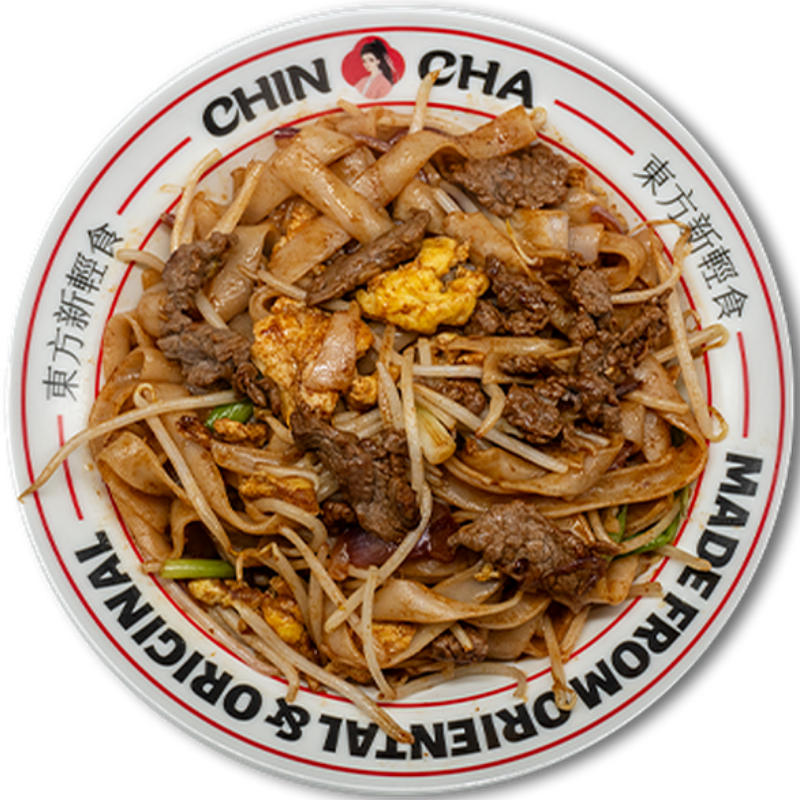 Wok-fried flat rice noodles with beef and egg at Chin Cha, a Bubble Tea Store in Wood Village