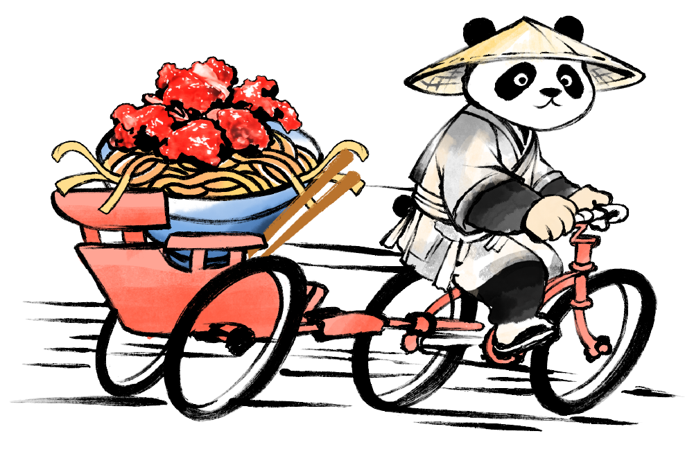 Cartoon panda delivering a bowl of noodles by tricycle