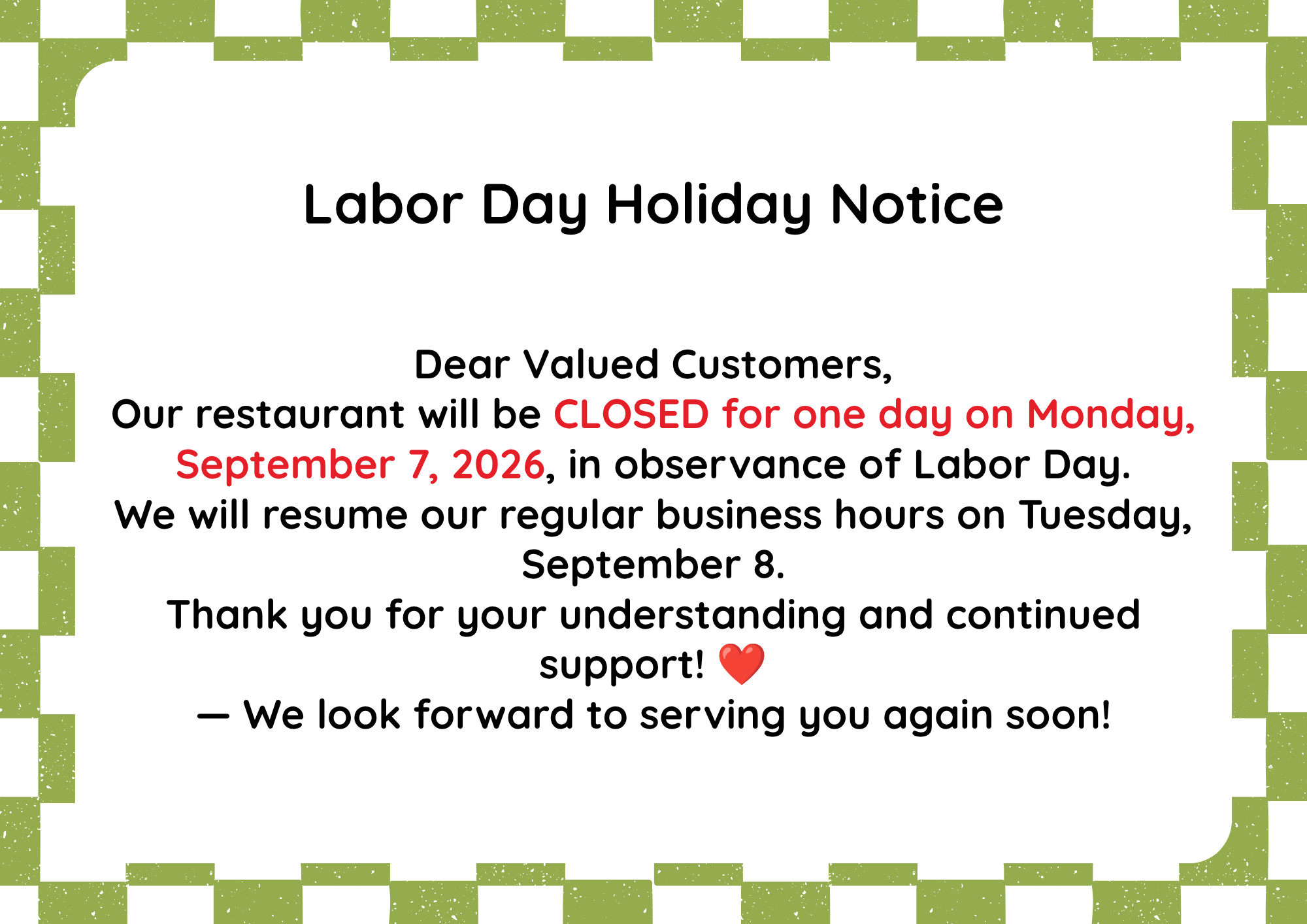 Notice of Special Operating Hours