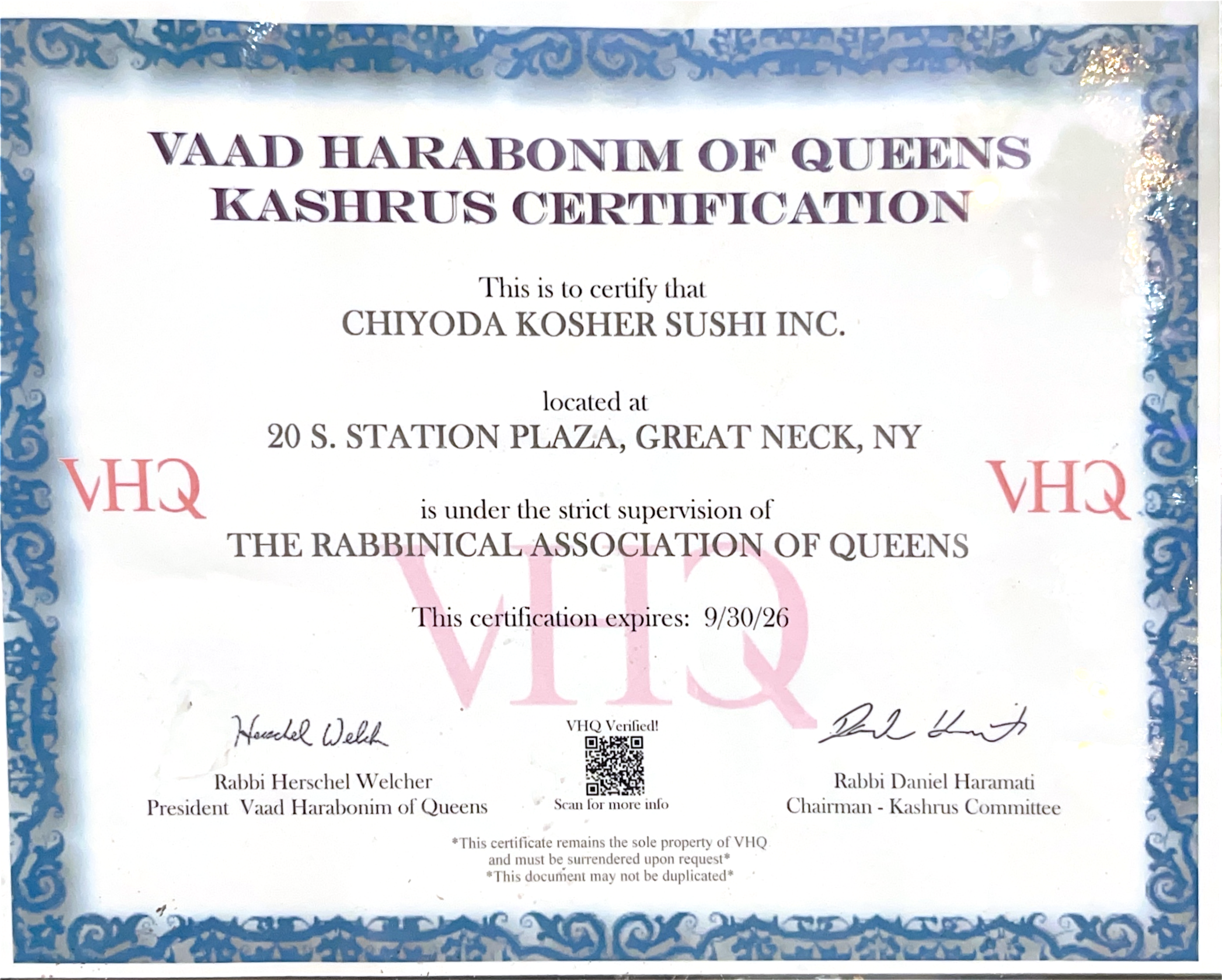 Vaad Harabonim of Queens kosher certification document with signatures and QR code at Chiyoda Kosher Sushi, a Kosher restaurant in Great Neck Plaza