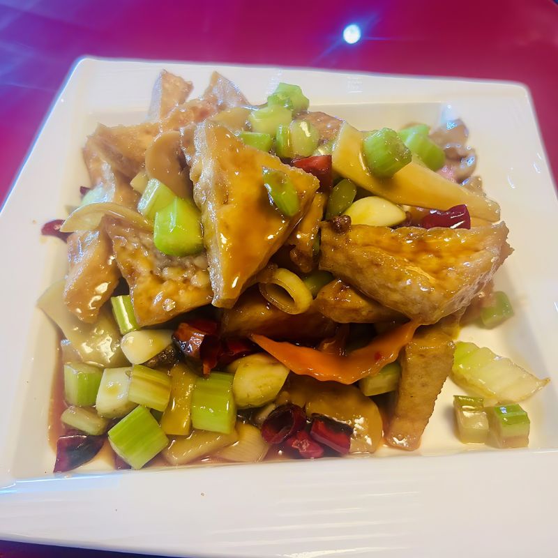 Chong-Qing-Restaurant-Chinese-Restaurant-Kung-Pao-Tofu-East-Providence Kung Pao - style tofu with veggies and sauce.