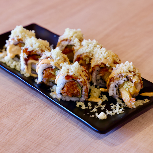 Eel Crispy Roll is sushi rolls with eel, topped with crispy bits and sauces at Chop Asian Kitchen, a Japanese restaurant in CA