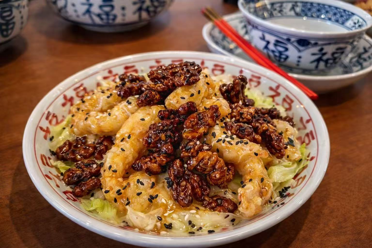 Sweet honey-glazed shrimp with walnuts at Chop Bento, a Asian Restaurant in Oxford