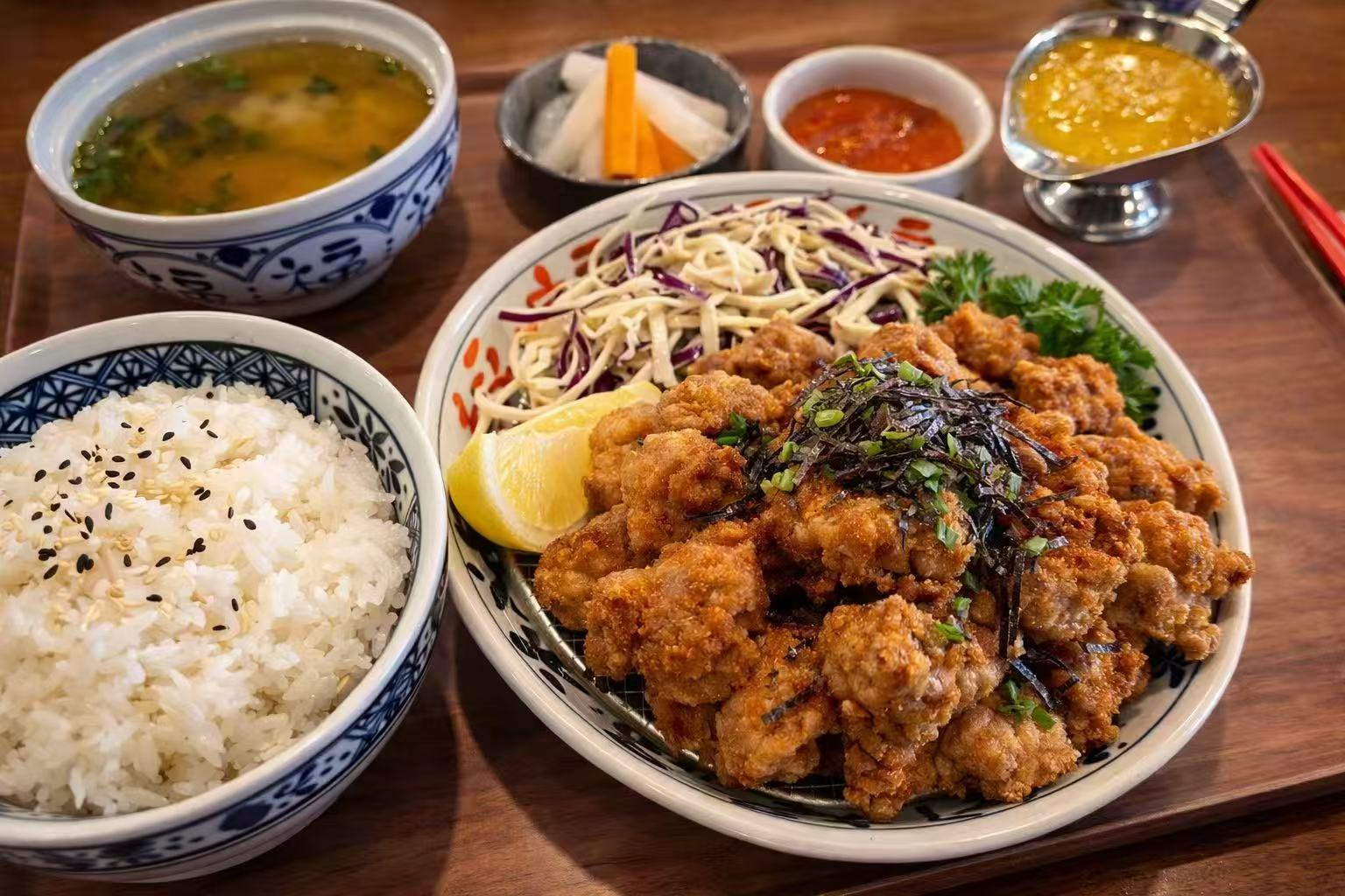 Crispy fried chicken with rice & sides at Chop Bento, a Asian Restaurant in Oxford