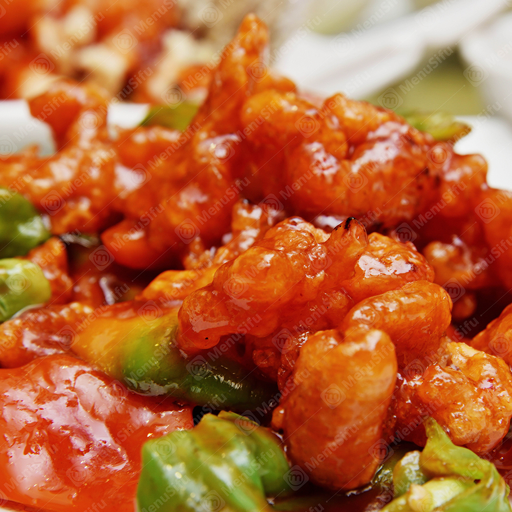Crispy pork in sweet and sour sauce with bell peppers at Chopjoy, a Chinese Restaurant in Los Angeles
