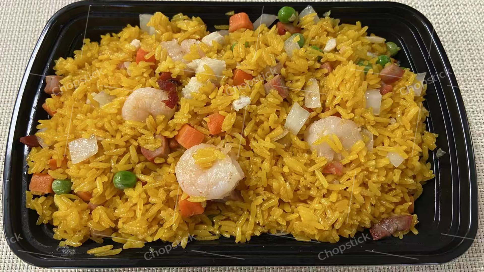 Shrimp fried rice with vegetables in takeout container at Chopstick, a Chinese Restaurant in Flowood