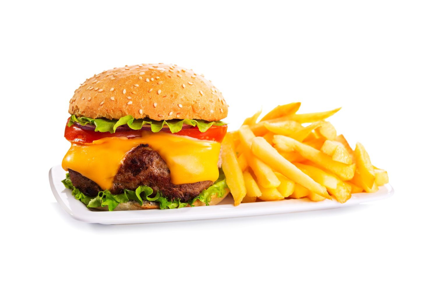 Cheeseburger with crispy french fries at Cluck's Good Luck, a Fast-Food Restaurant in Baltimore
