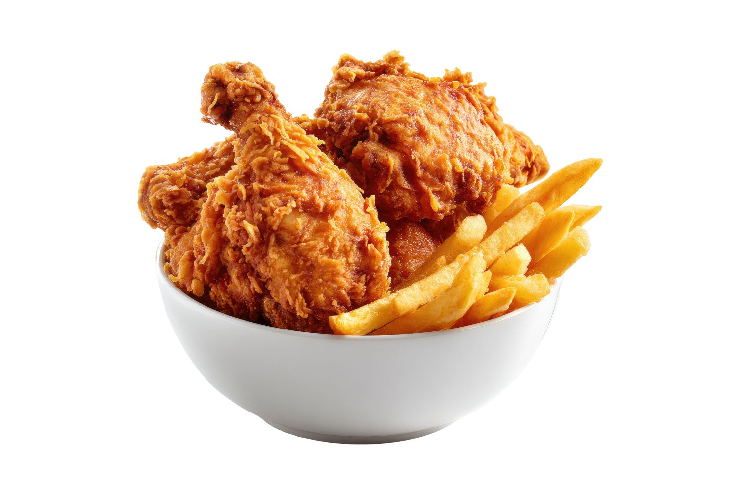 Crispy fried chicken with french fries at Cluck's Good Luck, a Fast-Food Restaurant in Baltimore