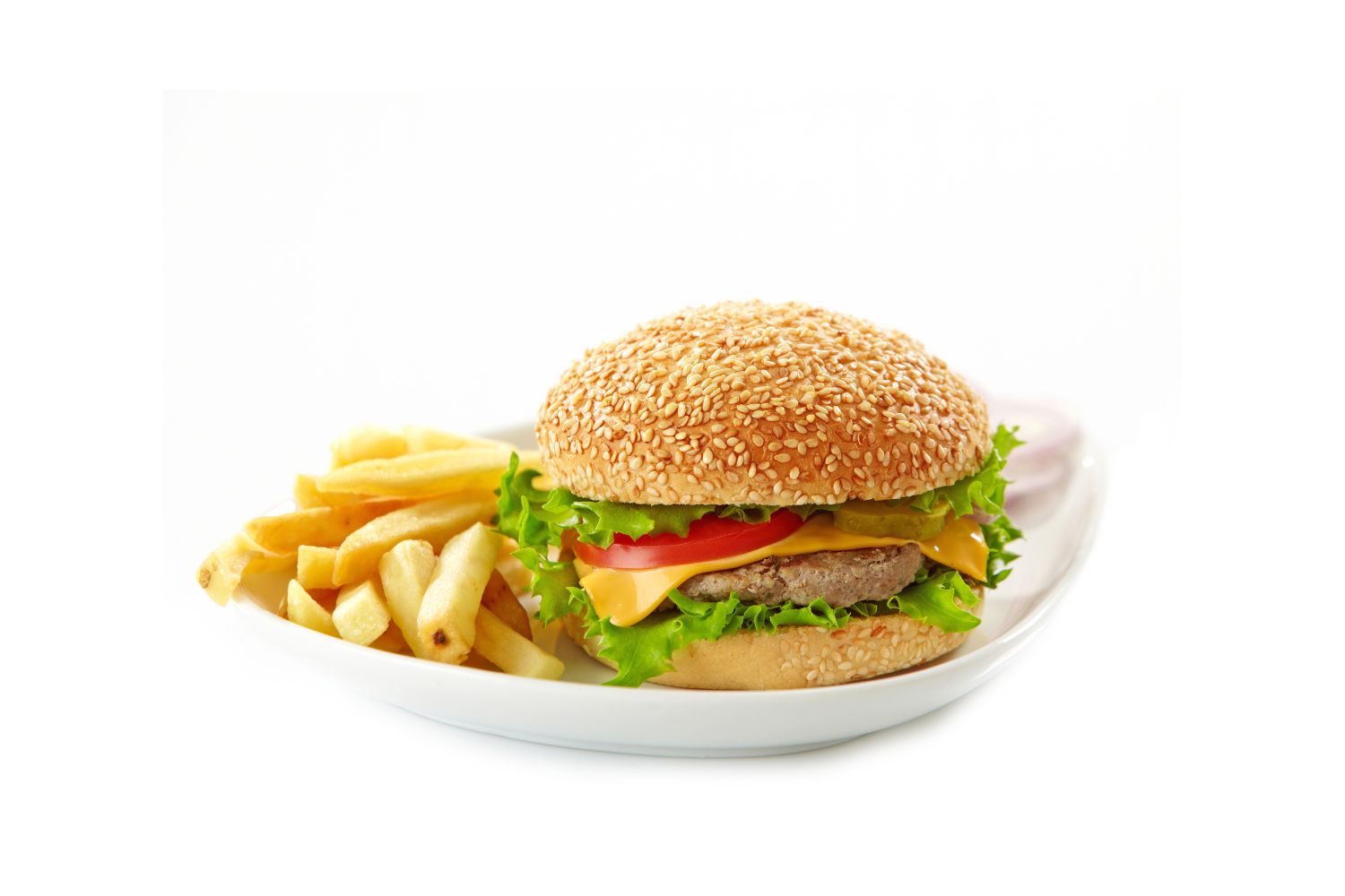 Cheeseburger with pickles and fries at Cluck's Good Luck, a Fast-Food Restaurant in Baltimore