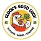 The Cluck's Good Luck restaurant logo features a chick holding a four-leaf clover.