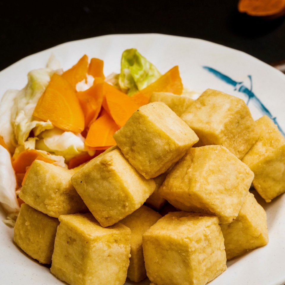 Coco’s-Cafe-Chinese-Taiwanese-Restaurant-Fried-Tofu-with-Vegetables-Sugar-Land Fried tofu cubes served with fresh vegetables at Coco's Cafe, a Chinese Taiwanese Restaurant in Sugar Land