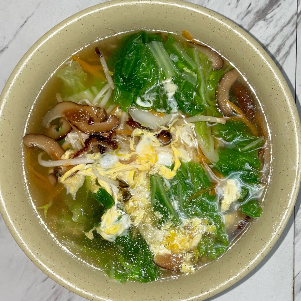 Coco’s-Cafe-Chinese-Taiwanese-Restaurant-Vegetable-Egg-Noodle-Soup-Sugar-Land Noodle soup with vegetables, eggs and mushrooms at Coco's Cafe, a Chinese Taiwanese Restaurant in Sugar Land