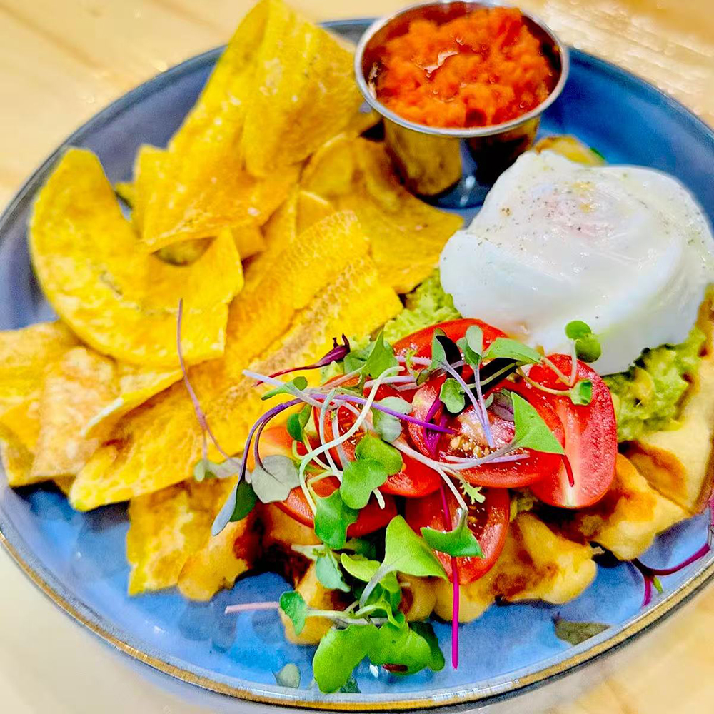 Plantain Chips & Avocado Waffle Dish at Costa，a Colombian Restaurant in Houston