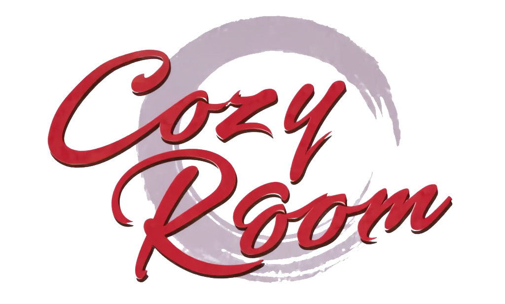 Logo of "Cozy Room" with red cursive text and a light purple brushstroke circle in the background
