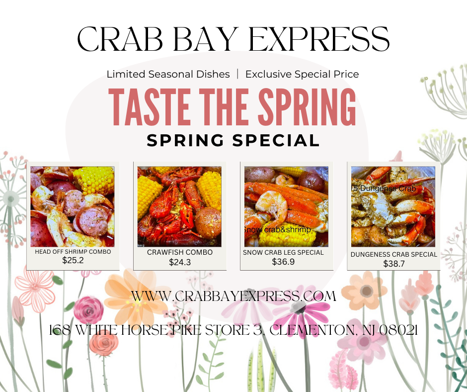 Crab Bay Express: Spring Special Seafood Combos seasonal seafood combos (shrimp, crawfish, snow crab, Dungeness crab) with prices.