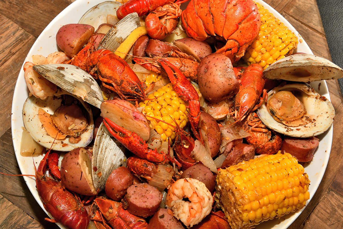 Mixed seafood boil with crawfish clams shrimp and sausage at Crabbers No.12, a Seafood Restaurant in Orlando