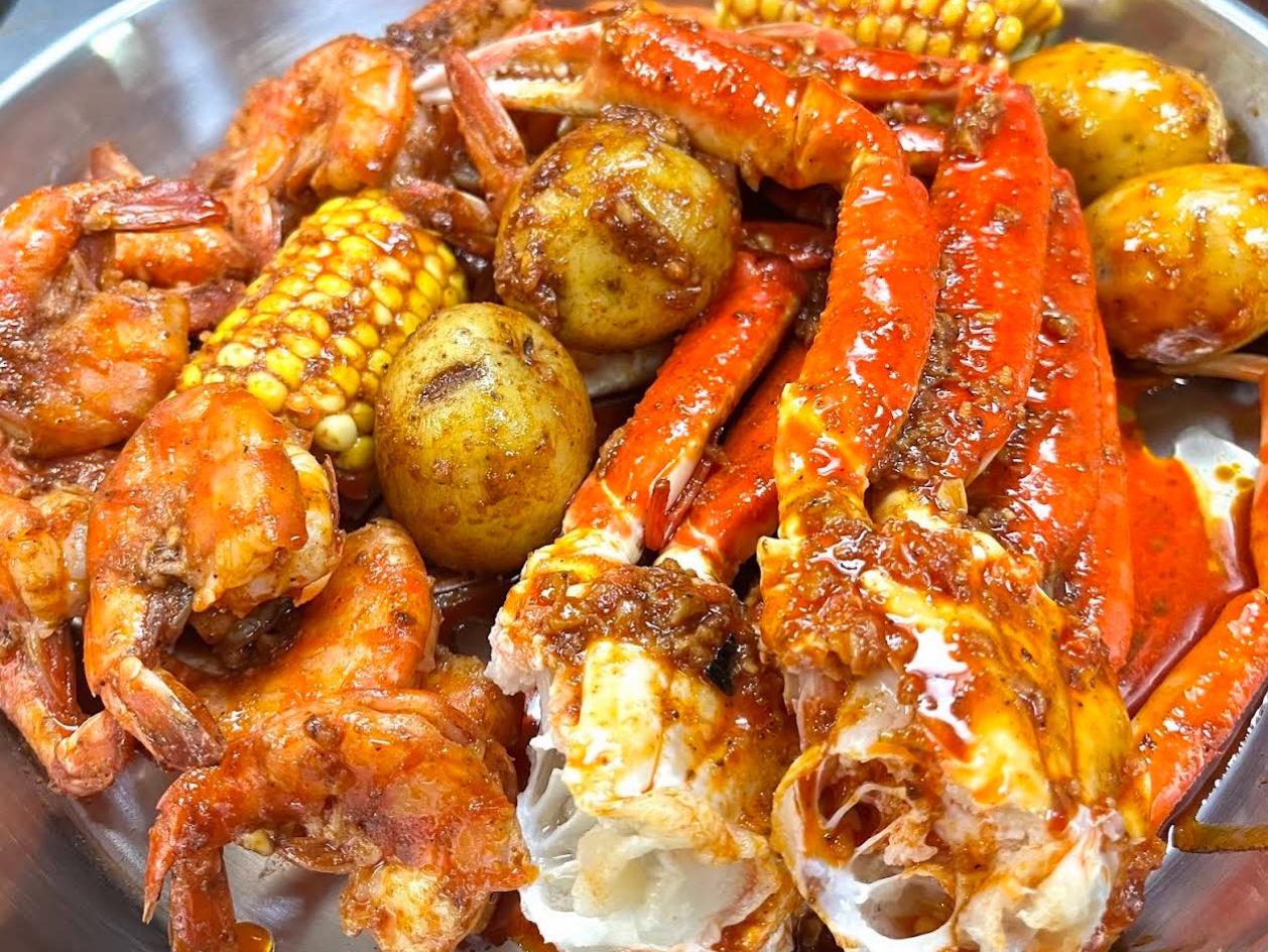 Cajun seafood platter with crab, shrimp and corn at Crabbers, a Seafood Restaurant in Saint Petersburg