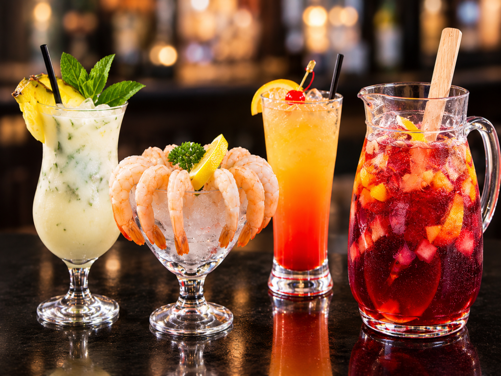 Tropical cocktails and a chilled shrimp cocktail served at the restaurant bar