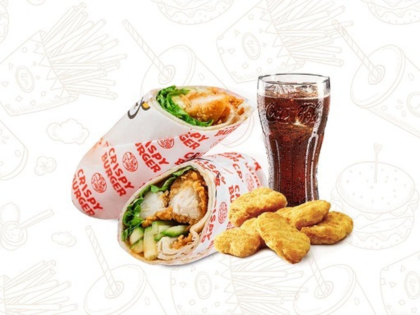 Crispy chicken wrap combo with nuggets and drink at Crispy Burger, a Fast - Food Restaurant in Cut Off