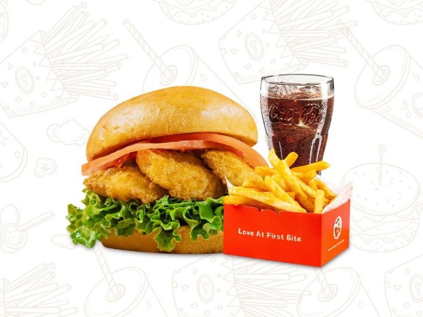 Shrimp burger combo with fries and drink at Crispy Burger, a Fast - Food Restaurant in Cut Off