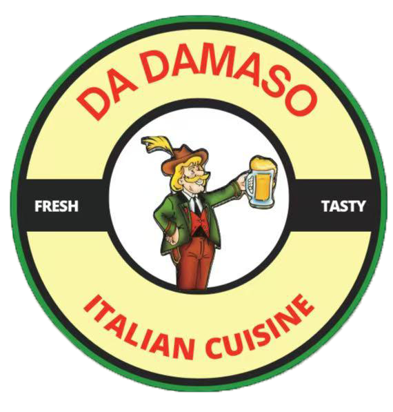 Logo of "Da Damaso Italian Cuisine": Circular design with a cartoon character holding a beer mug, and text reading "FRESH," "TASTY," and "ITALIAN CUISINE"