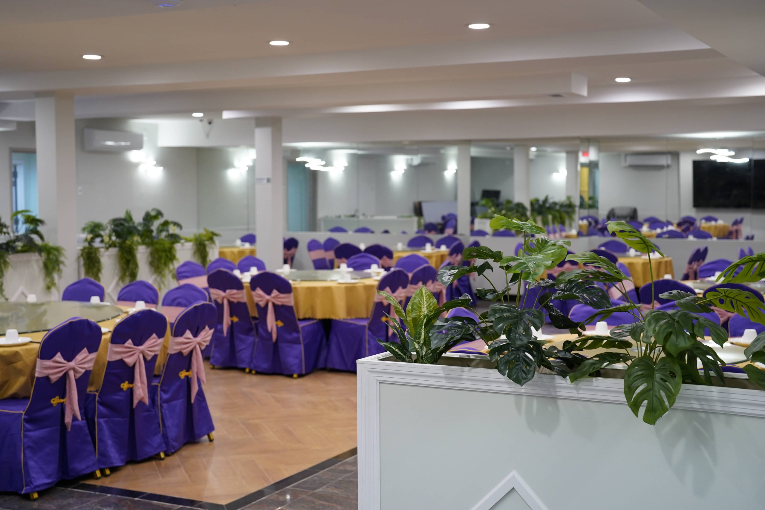 Banquet hall with purple chairs and golden tablecloths at Dak Sing Palace, a Chinese Restaurant in Brooklyn