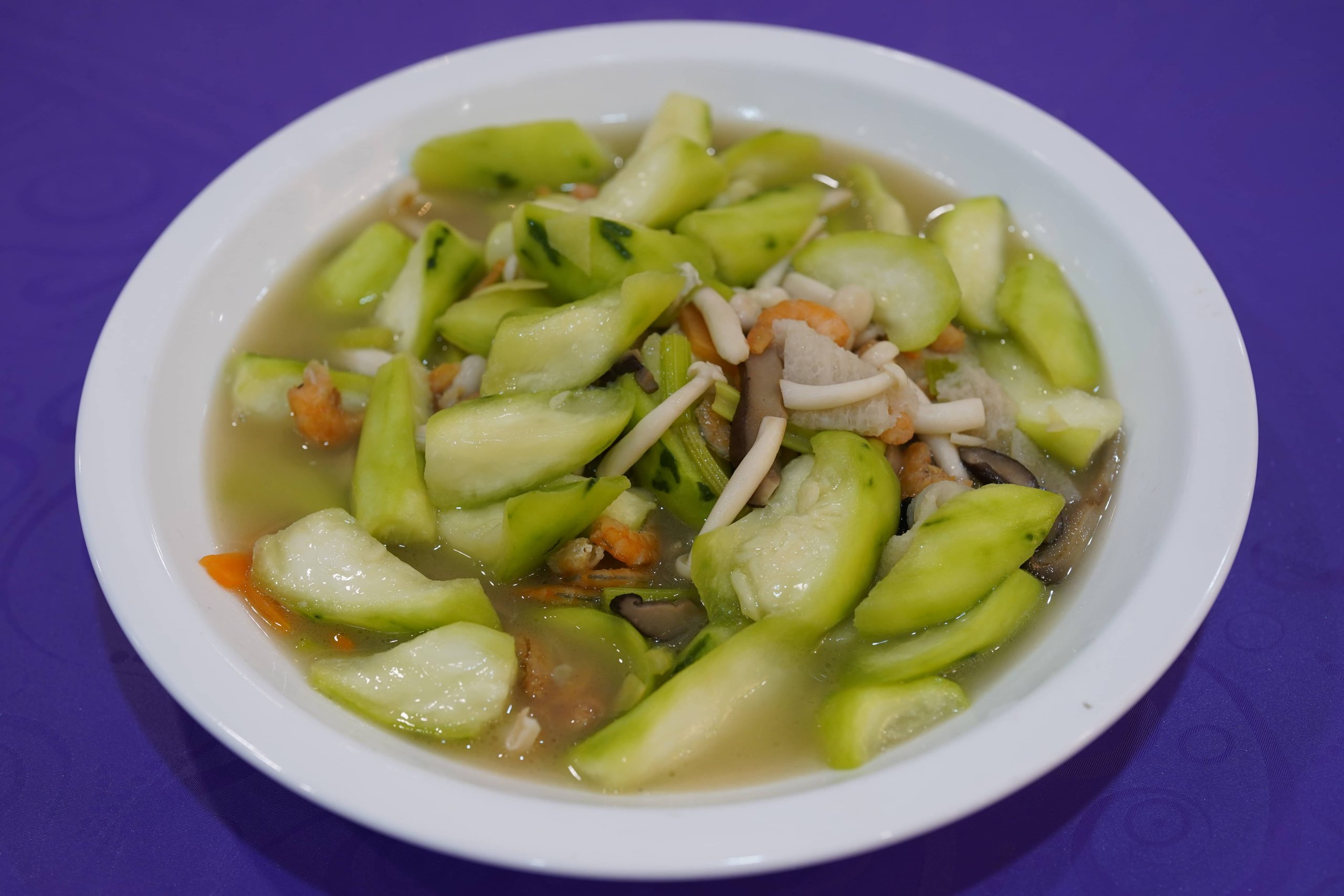 Luffa with seafood and mushrooms at Dak Sing Palace, a Chinese Restaurant in Brooklyn