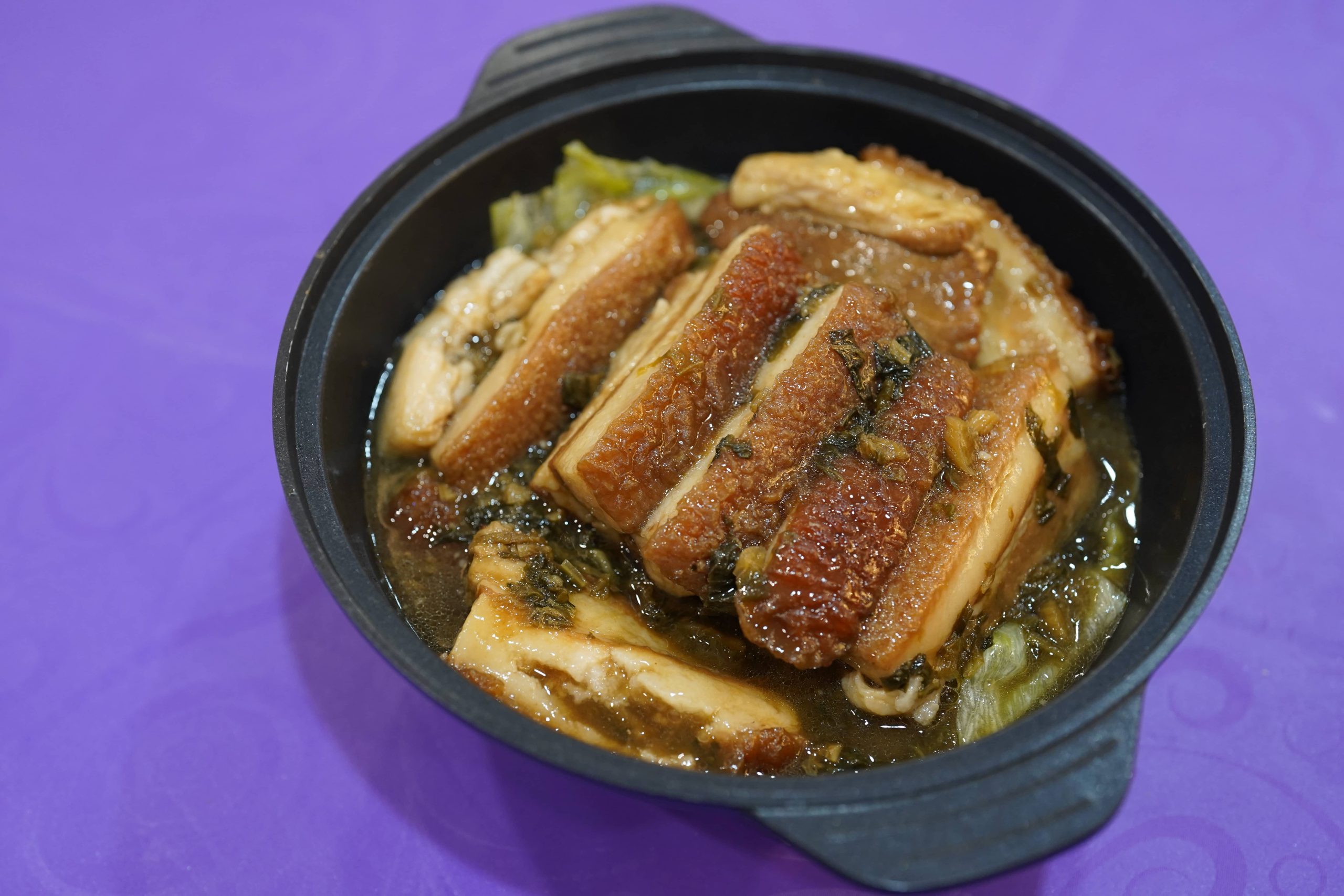 Preserved vegetable pork in clay pot at Dak Sing Palace, a Chinese Restaurant in Brooklyn