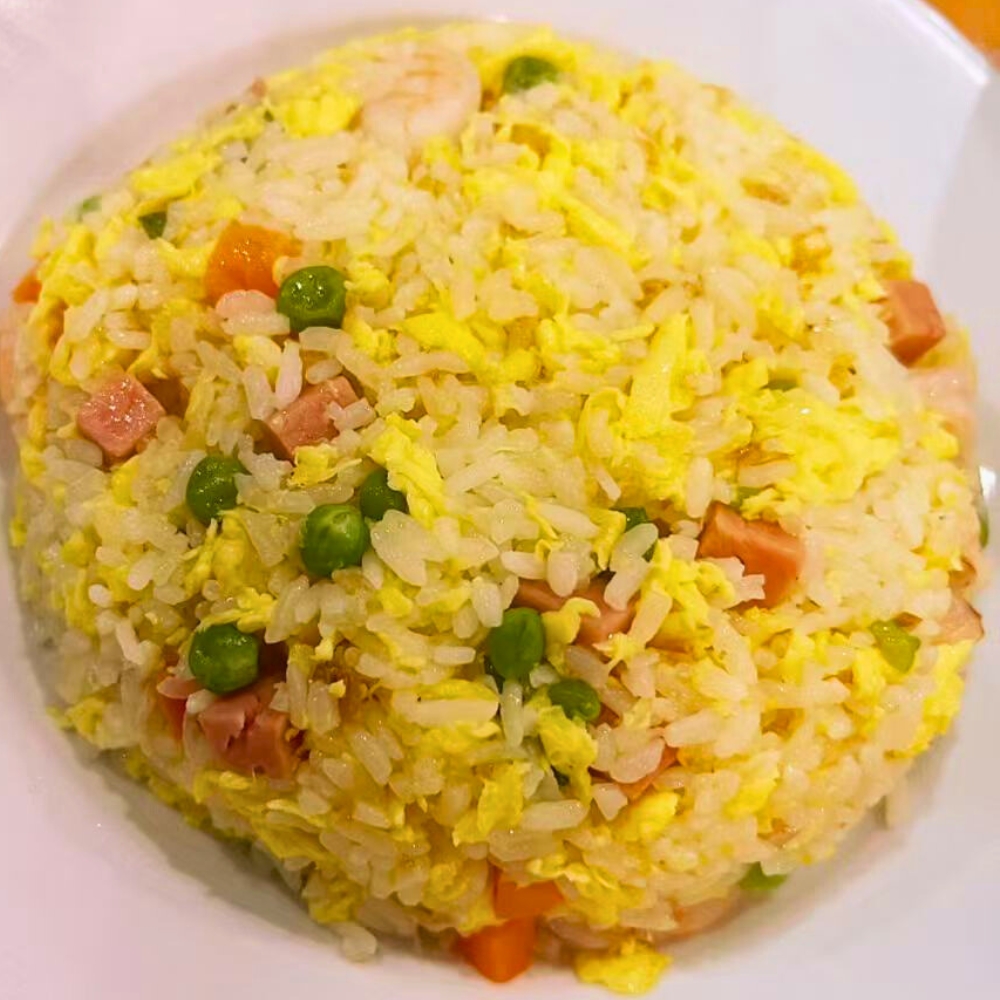 Yangzhou fried rice with shrimp, peas, and diced ham at Dallas Spicy Chinese Cuisine, a Chinese Restaurant in Plano.