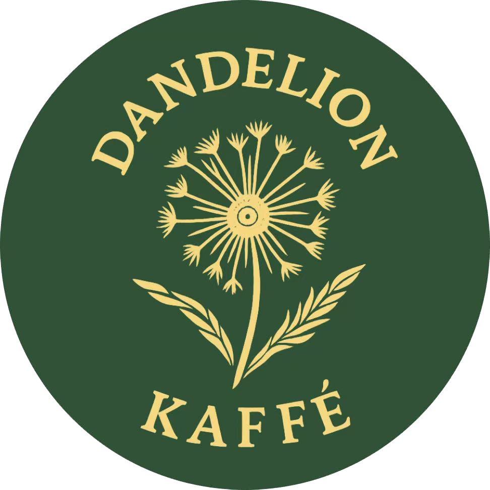 Dandelion Kaffé Circular Logo, a green circle with a dandelion and “KAFFÉ” in gold