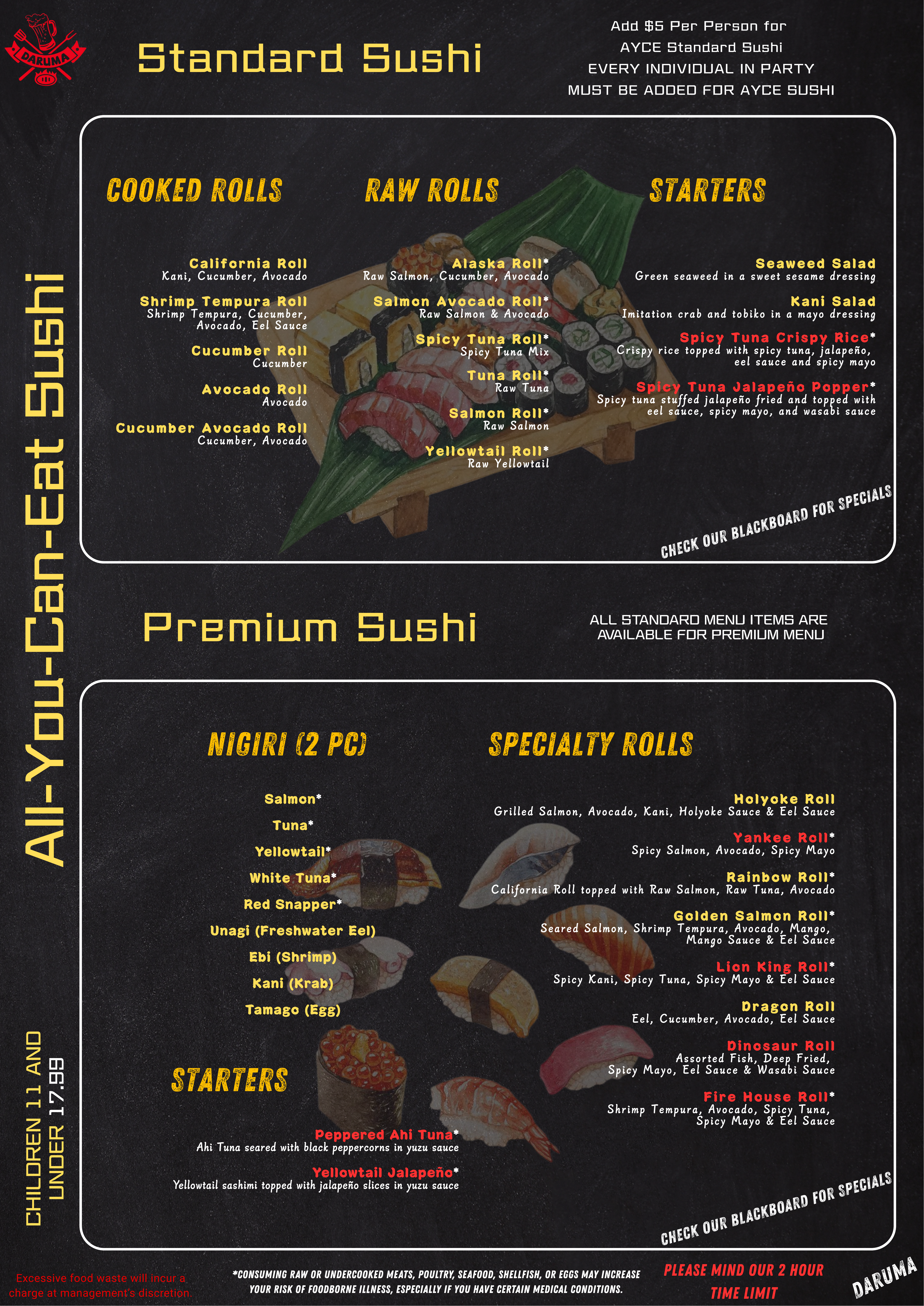 Back page of Darum BBQ's December 2025 All-You-Can-Eat (AYCE) Sushi Menu, Version 1