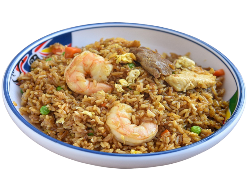 Delicious-Dumpling-House-Dumpling-restaurant-Fried-Rice-Yuba-City Flavorful fried rice with shrimp and veggies at Delicious Dumpling House, a Chinese restaurant in Yuba City.